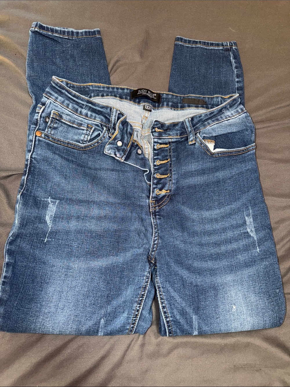 Judy Blue Dark Blue High-Rise Button-Fly Distressed Jeans 13/31